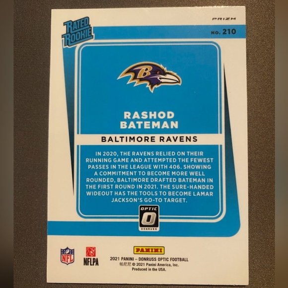 Rashod Bateman SP Silver Holo Prizm Rated Rookie Card 2021 Donruss Optic #210 - Picture 2 of 2